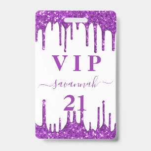 Birthday white purple glitter drips vip invitation ID badge