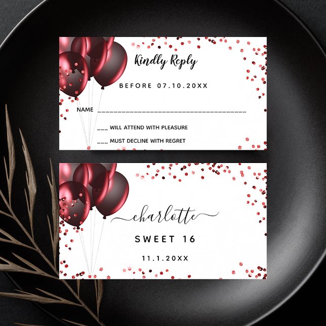 Birthday white red glitter balloons party RSVP Enclosure Card (Creator Uploaded)