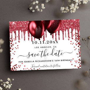 Birthday white red glitter balloons save the date announcement postcard
