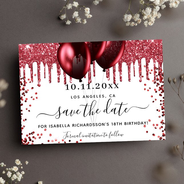 Birthday white red glitter balloons save the date announcement postcard (Creator Uploaded)
