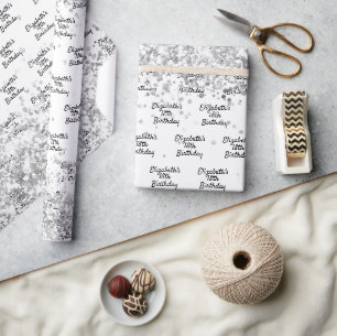 Birthday white silver confetti sparkle name wrapping paper