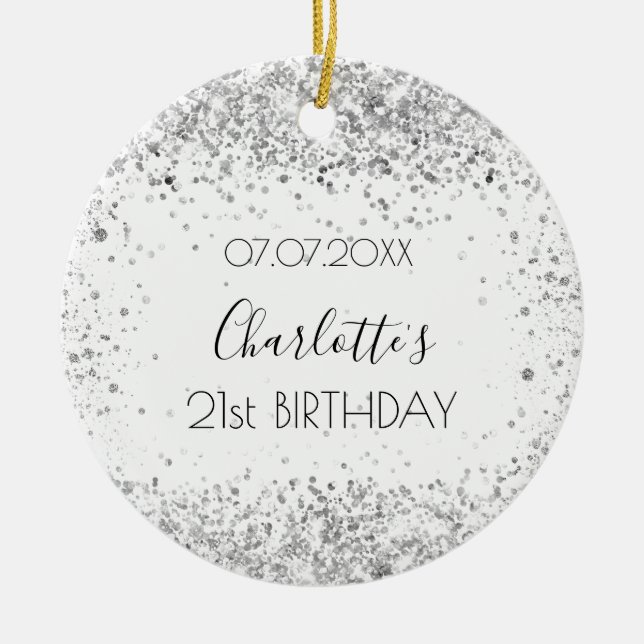 Birthday white silver glitter name  ceramic ornament (Front)