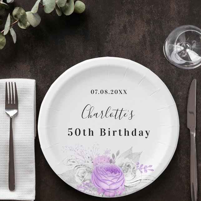Birthday white violet flowers silver paper plate (Creator Uploaded)