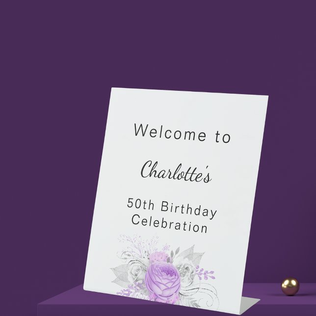 Birthday white violet flowers silver welcome pedestal sign (Creator Uploaded)