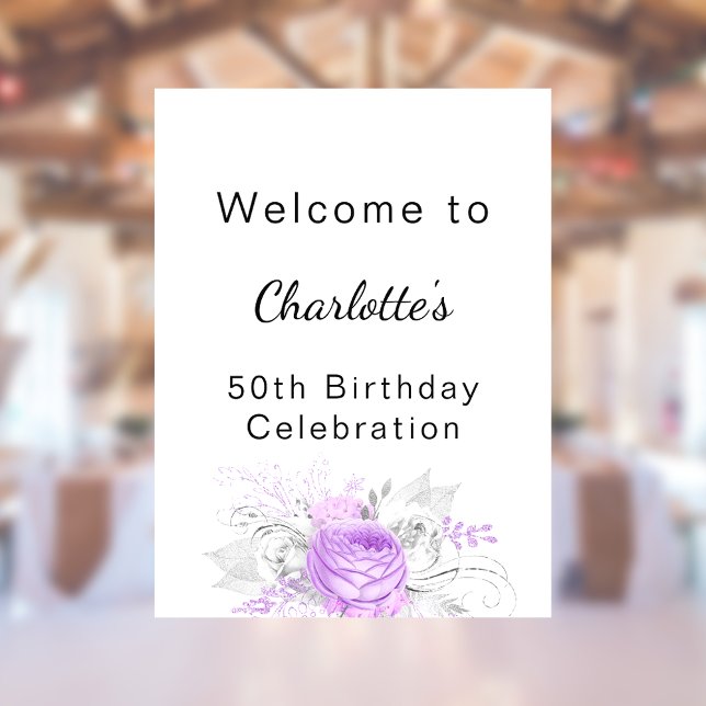 Birthday white violet flowers silver welcome poster (Creator Uploaded)