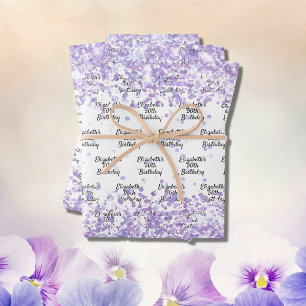 Birthday white violet lavender glitter name wrapping paper sheet