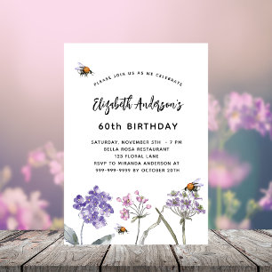 Birthday wildflowers violet pink bees  invitation postcard