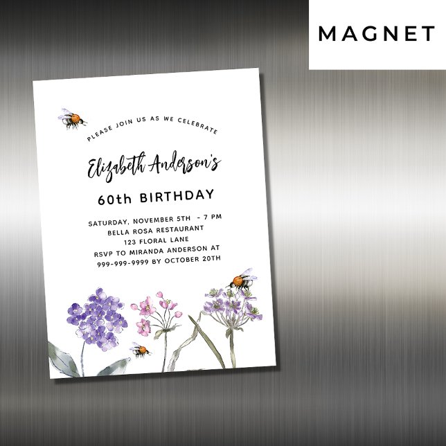 Birthday wildflowers violet pink bees luxury magnetic invitation (Creator Uploaded)