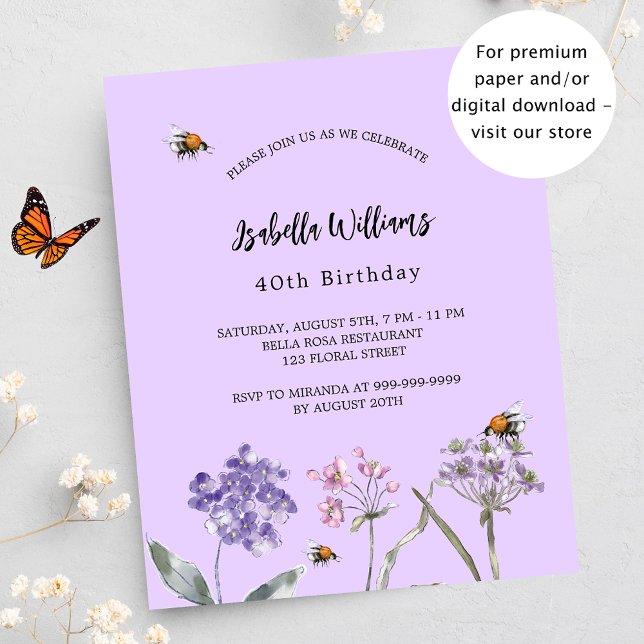 Birthday wildflowers violet pink budget invitation flyer (Creator Uploaded)