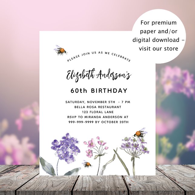 Birthday wildflowers violet pink budget invitation flyer (Creator Uploaded)