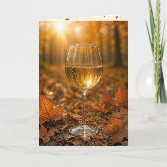 Birthday Wine Glass In Autumn Maple Leaves Card (Front)