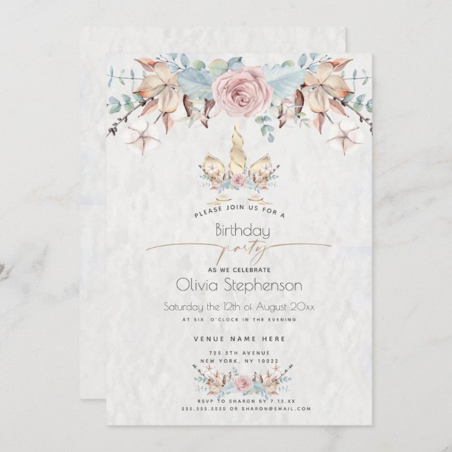 Birthday   | Winter Woodland Floral Gold Unicorn Invitation (Front/Back)