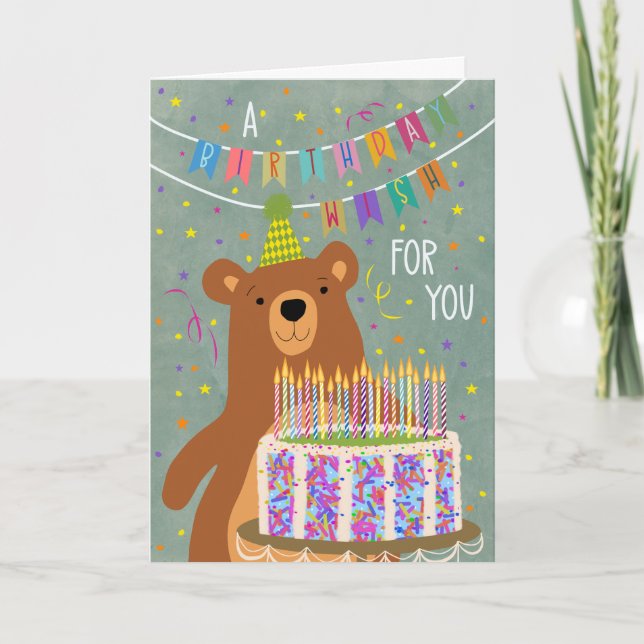 Birthday Wish With Bear and Cake Card (Front)