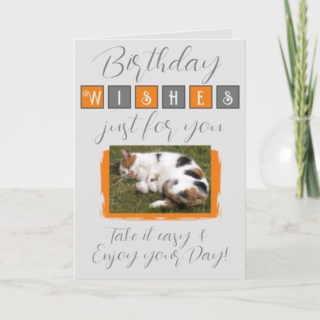 Birthday wishes add cat photo grey orange card (Front)