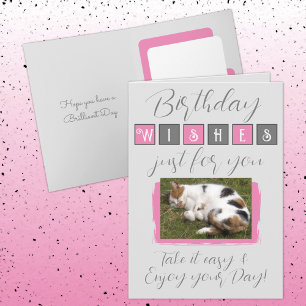 Birthday wishes add cat photo pink grey pink card