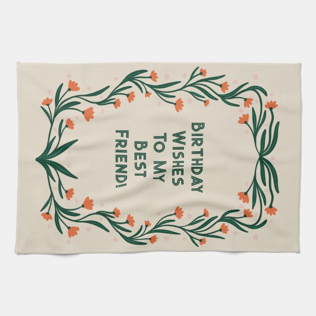 Birthday Wishes Elegant Floral Frame Tea Towel (Horizontal)
