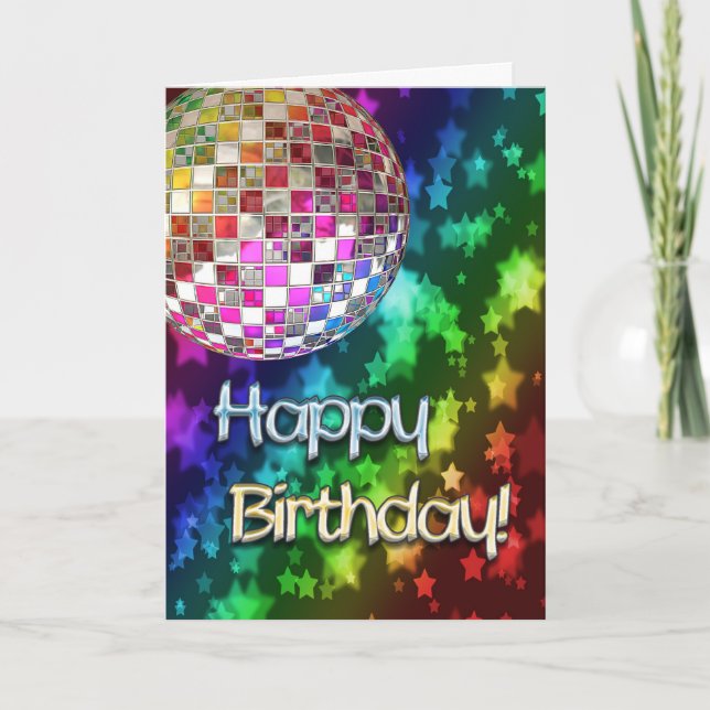 Birthday with disco ball and rainbow of stars card (Front)
