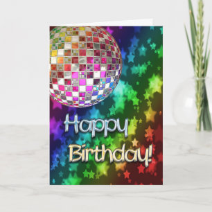 Birthday with disco ball and rainbow of stars card