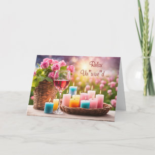 Birthday with Glass of Wine and Candles Roses Holiday Card