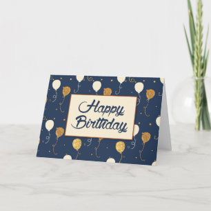 Birthday with Gold Balloons on Navy Blue Card