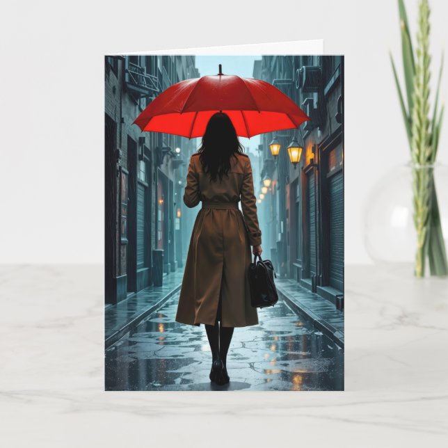 Birthday Woman Under a Red Umbrella Card (Front)