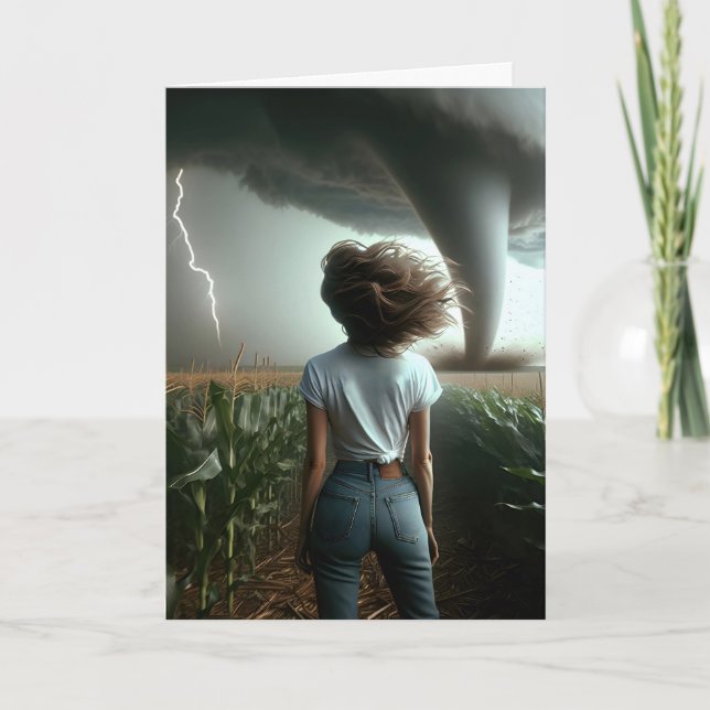 Birthday Woman Watching a Tornado Card (Front)