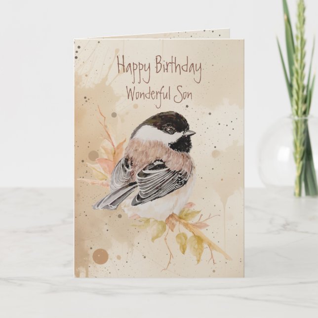 Birthday Wonderful Son Chickadee Bird Card (Front)