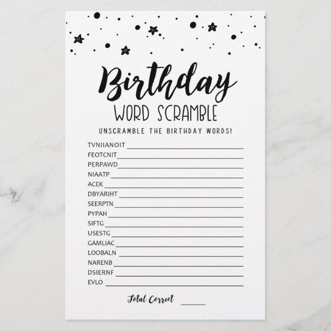 Birthday word scramble game with Answers (Front)