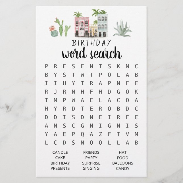 Birthday Word search game Birthday party (Front)
