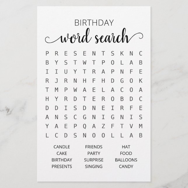 Birthday Word search game Birthday party (Front)