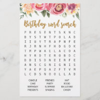 Birthday Word search game Birthday party