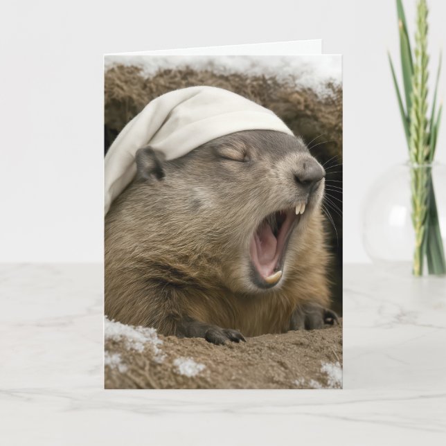 Birthday Yawning Groundhog Wearing a Nightcap Card (Front)