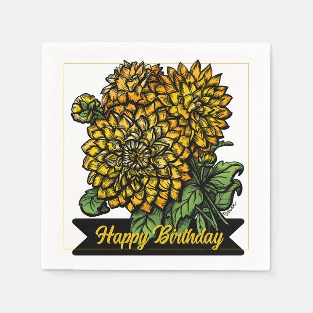Birthday Yellow Dahlias Floral  Napkin (Front)