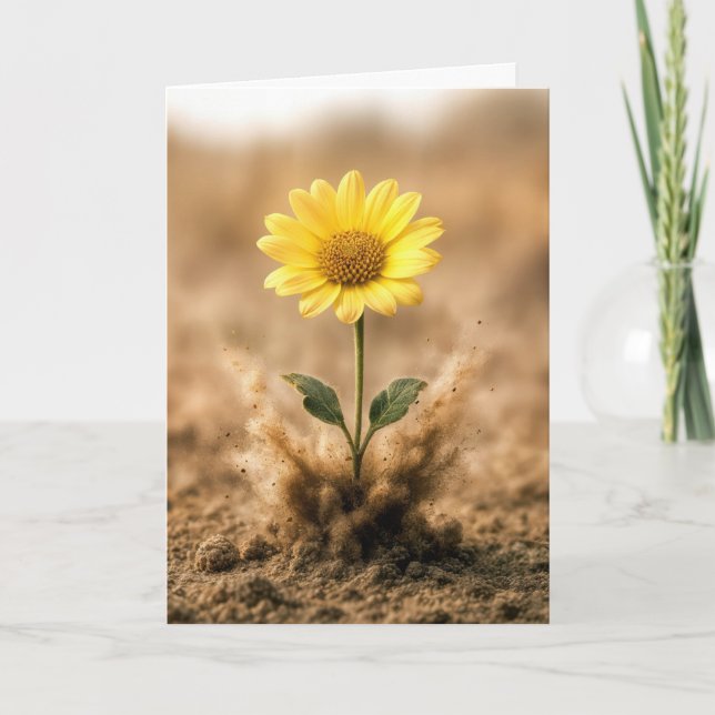 Birthday Yellow Daisy Bursting Out of Dirt Card (Front)