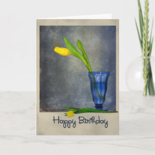 birthday yellow tulip in blue glass card