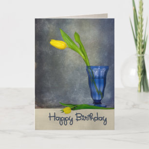 birthday yellow tulip in blue glass card