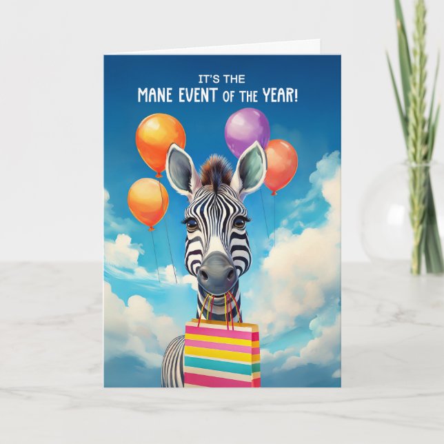 Birthday Zebra MANE Event with Balloons Card (Front)
