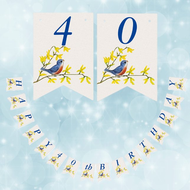 BirthdayBlue Red Bird on Branch Yellow Flowers Bunting (Cute singing red blue bird on branch yellow flowers Happy birthday bunting flag party banner.)