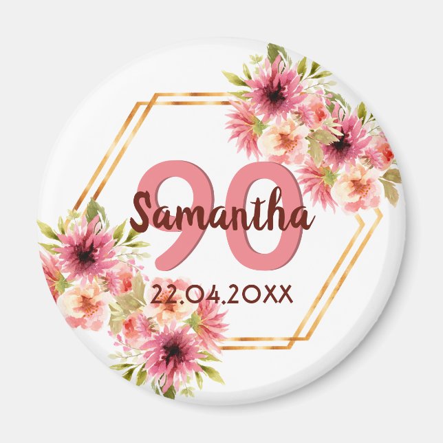 Birthsay party pink gold florals geometric white magnet (Front)