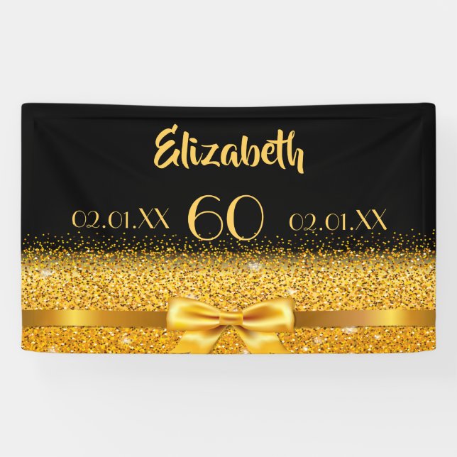 Biryhday party black gold elegant name  banner (Horizontal)