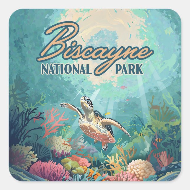 Biscayne National Park Florida Turtle Coral Retro Square Sticker (Front)