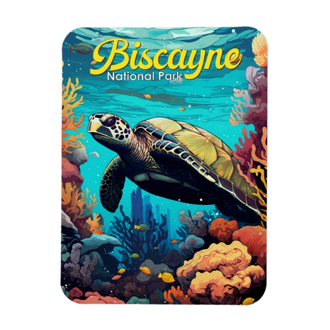 Biscayne National Park Turtle Illustration Retro Magnet (Vertical)