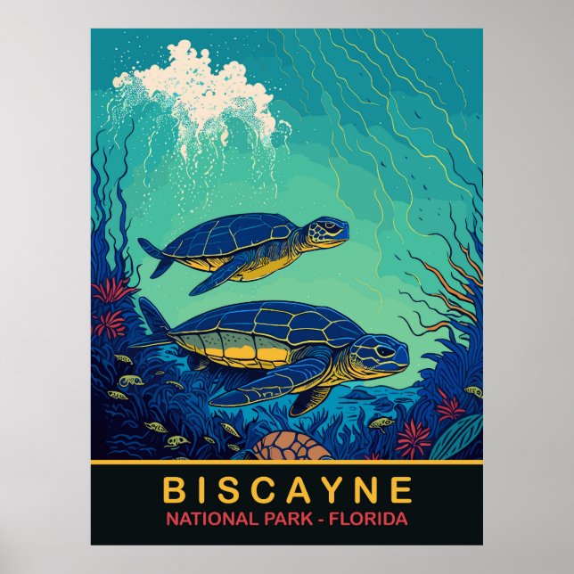 Biscayne, Turtles Underwater, Floraida, Travel Poster (Front)