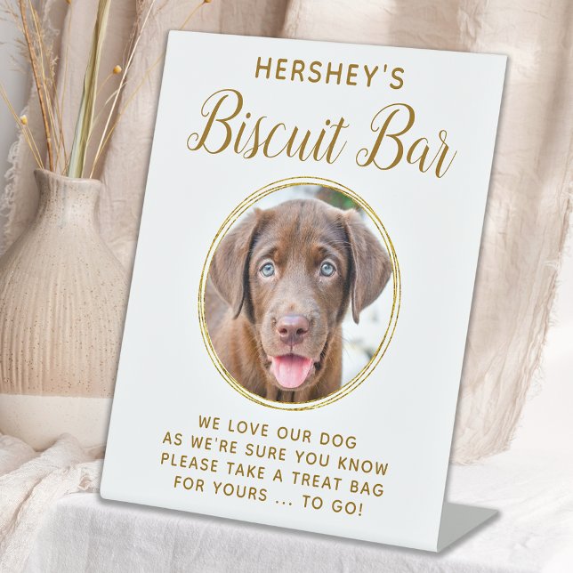 Biscuit Bar Pet Photo Gold Dog Wedding Favour Pedestal Sign (Creator Uploaded)