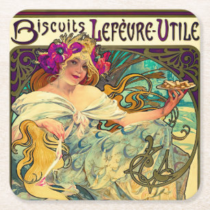 Biscuits Lefevre-Utile by Alphonse Mucha (1896) Square Paper Coaster