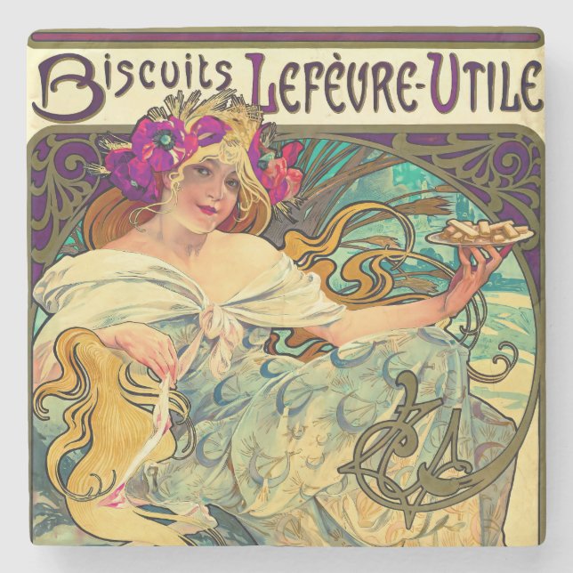 Biscuits Lefevre-Utile by Alphonse Mucha (1896) Stone Coaster (Front)