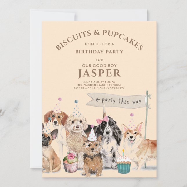 Biscuits & Pup Cakes Dog Birthday Party Invitation (Front)