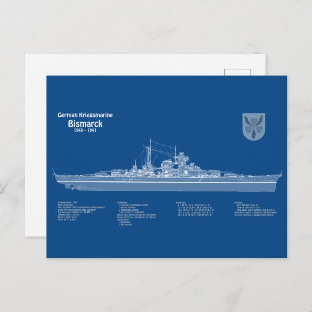 Bismarck - Battleship Blueprint Plans ABD Postcard (Front/Back)
