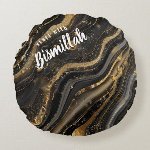 Bismillah Alhamdullilah Gold Black Agate Round Cushion