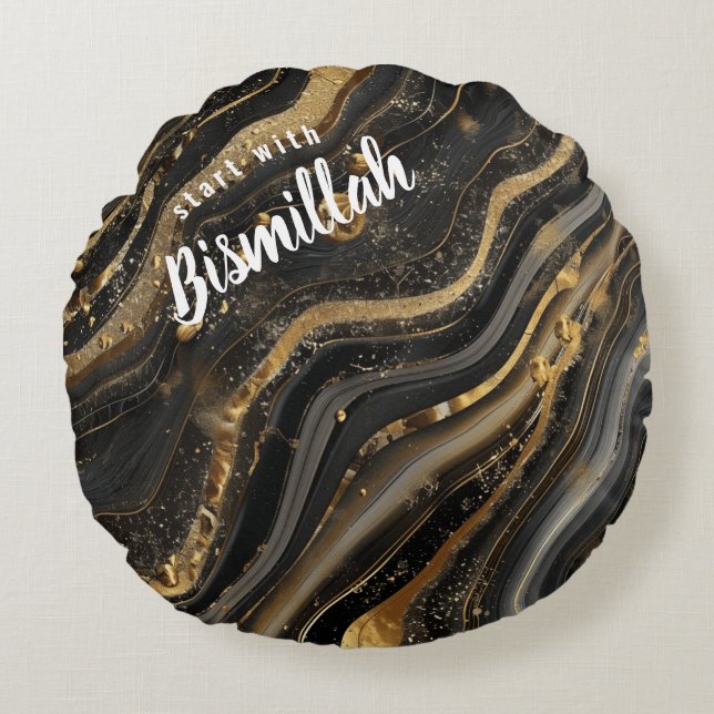 Bismillah Alhamdullilah Gold Black Agate Round Cushion (Front)